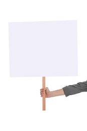 Photo of Woman holding blank sign on white background, closeup