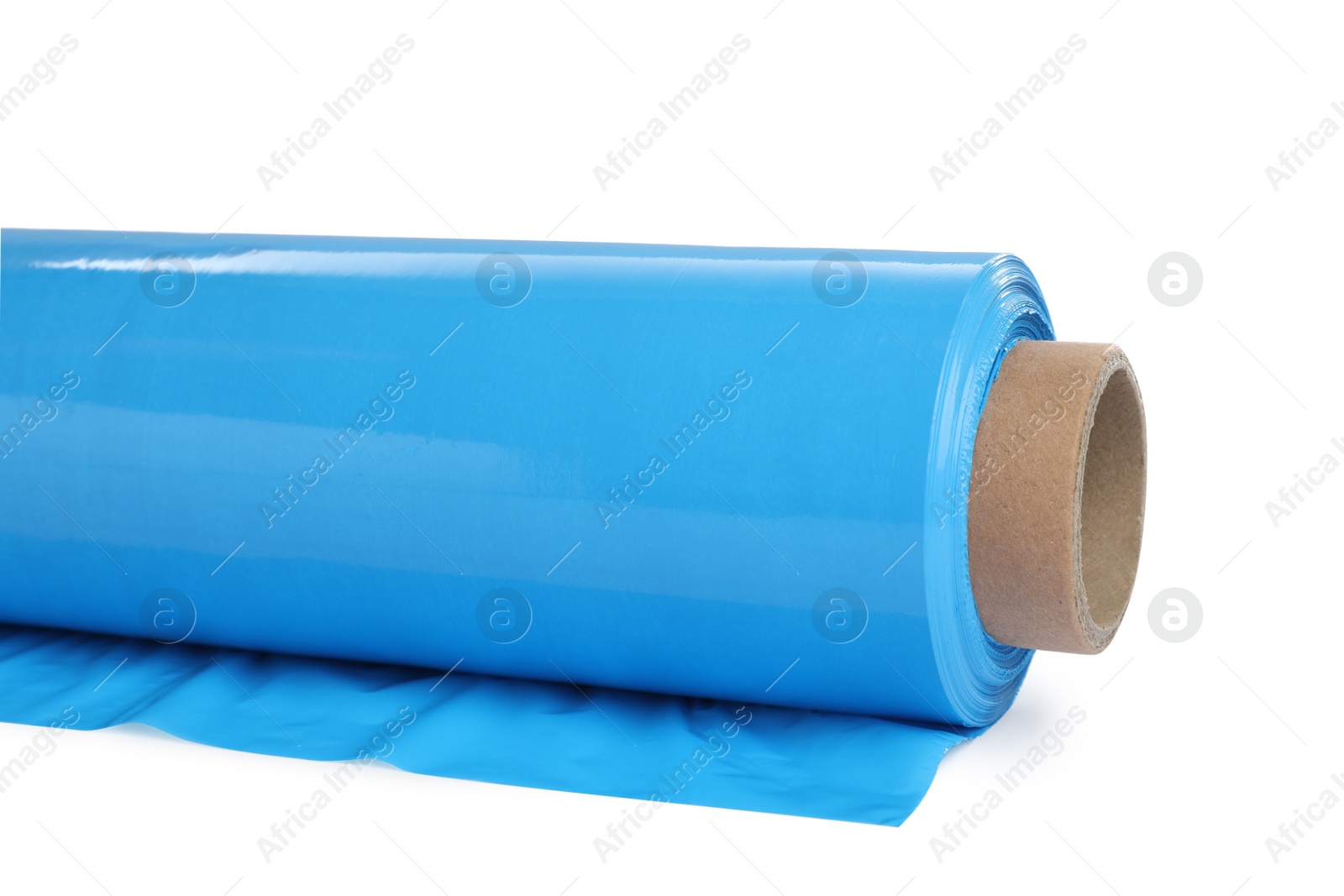 Photo of Roll of light blue stretch wrap isolated on white, closeup