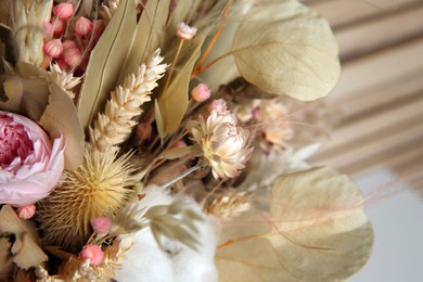 Photo of Beautiful elegant dried flower bouquet, closeup view