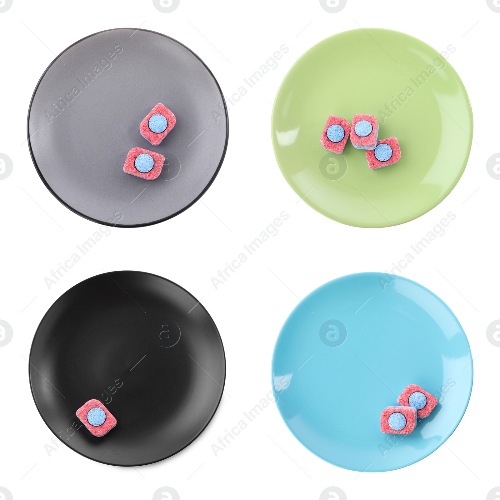 Image of Clean plates with dishwasher detergent tablets on white background, top view. Collage