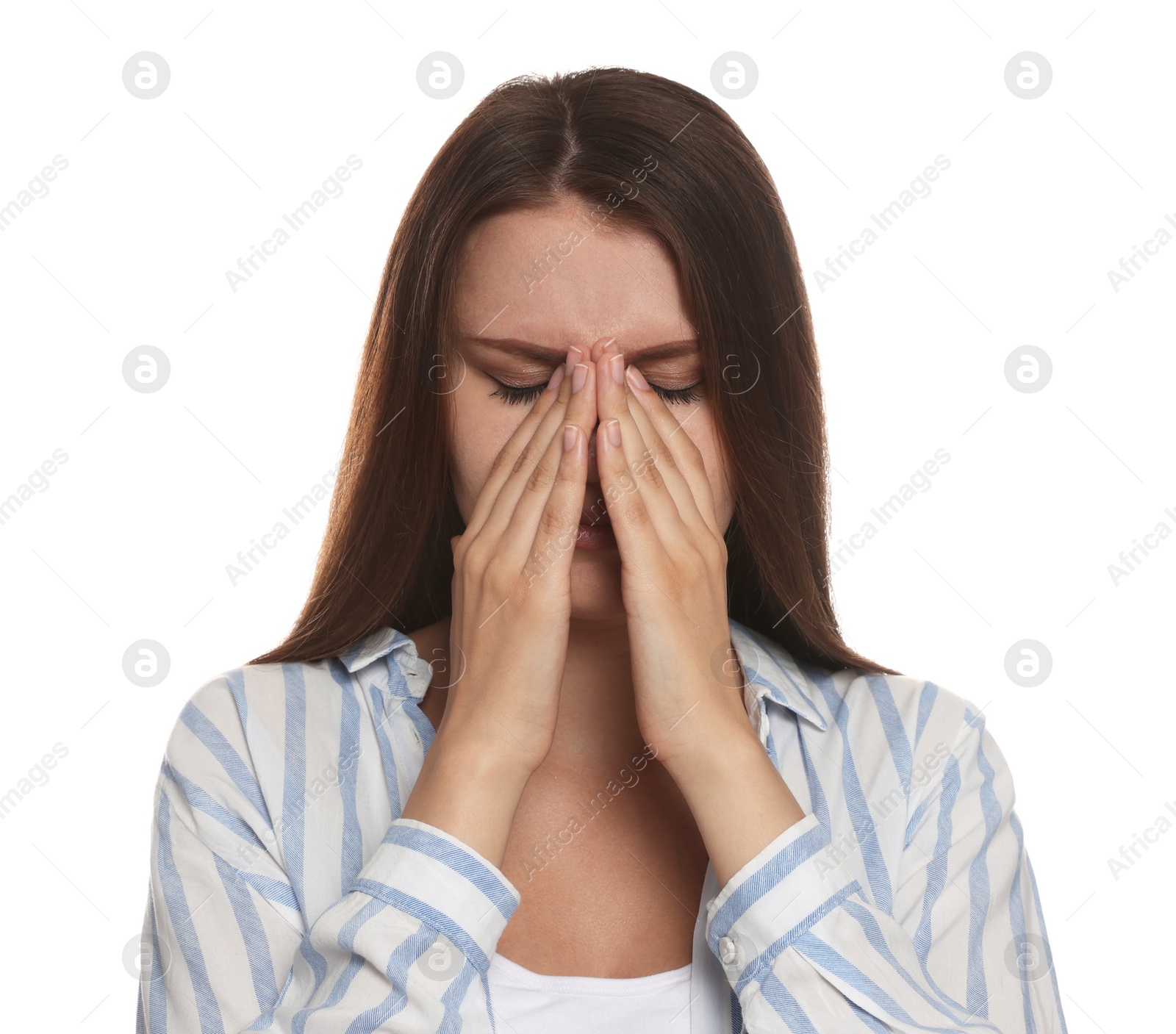 Photo of Young woman suffering from eyestrain on white background