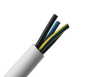 Photo of Color cables in jacket on white background. Electrician's supply