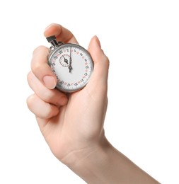 Photo of Woman holding vintage timer on white background, closeup