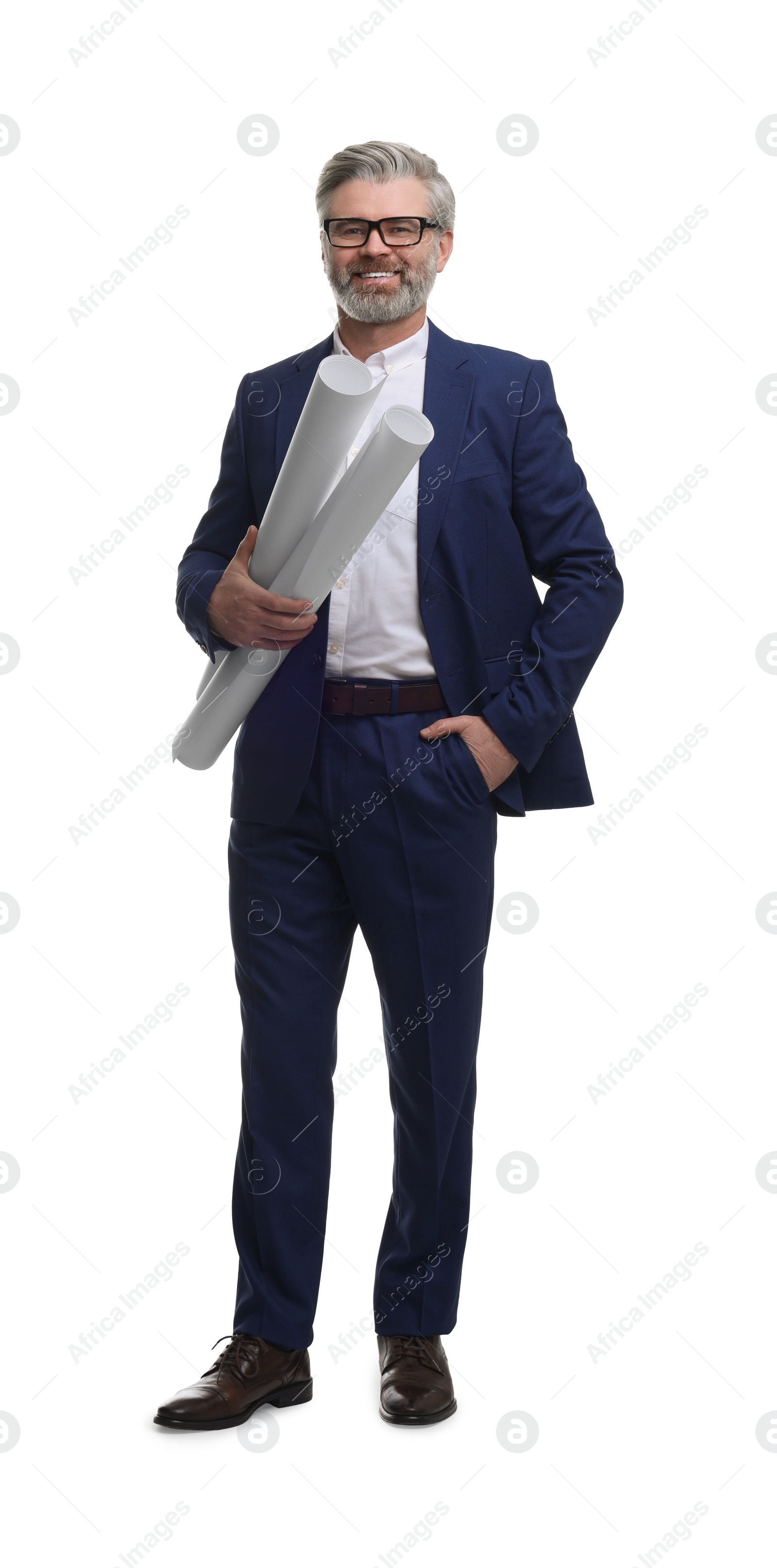 Photo of Architect in glasses holding drafts on white background