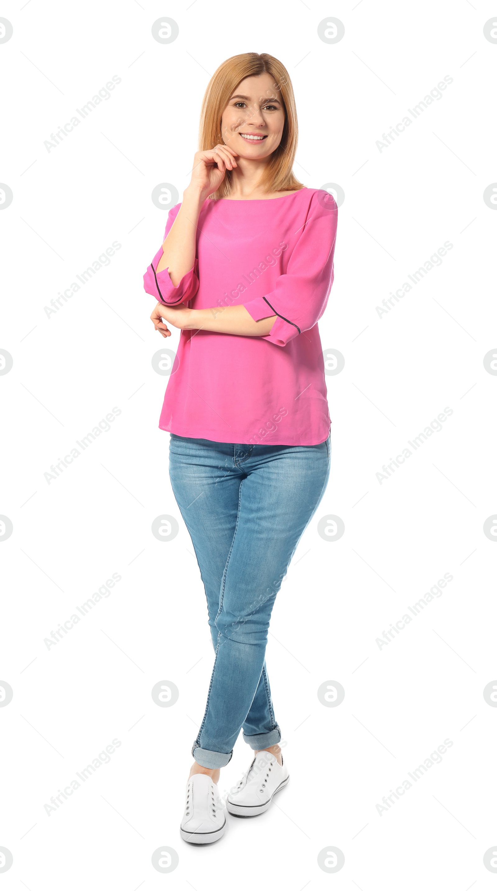 Photo of Full length portrait of beautiful woman posing on white background