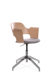 Photo of Comfortable office chair with wooden back isolated on white