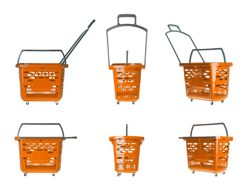 Image of Set of shopping baskets on white background