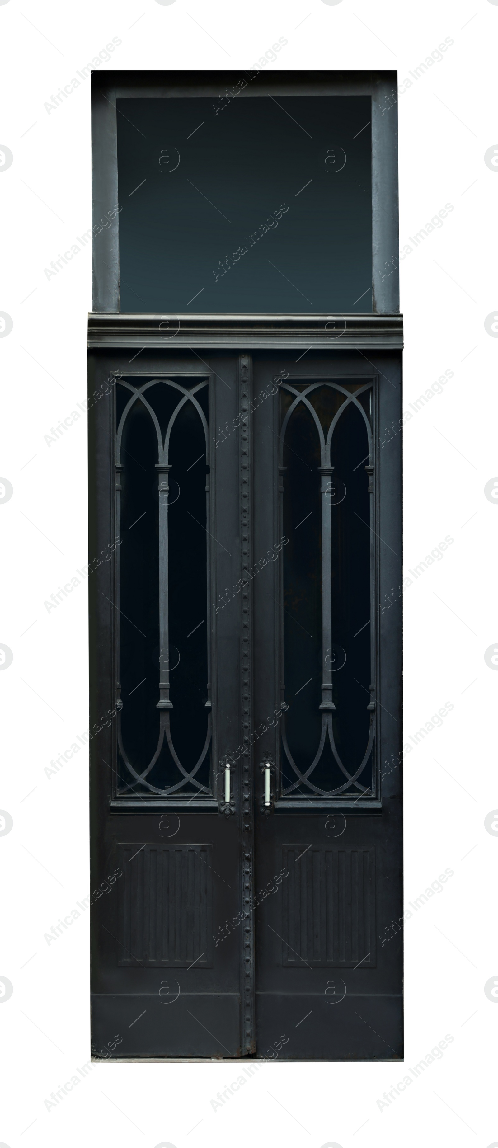 Image of Beautiful old-fashioned wooden door and transom window isolated on white