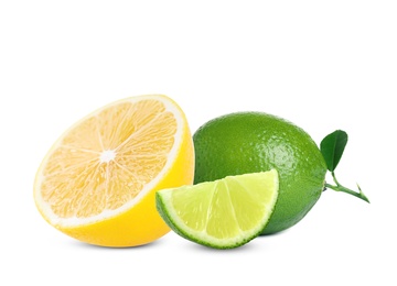 Image of Fresh ripe limes and lemon on white background