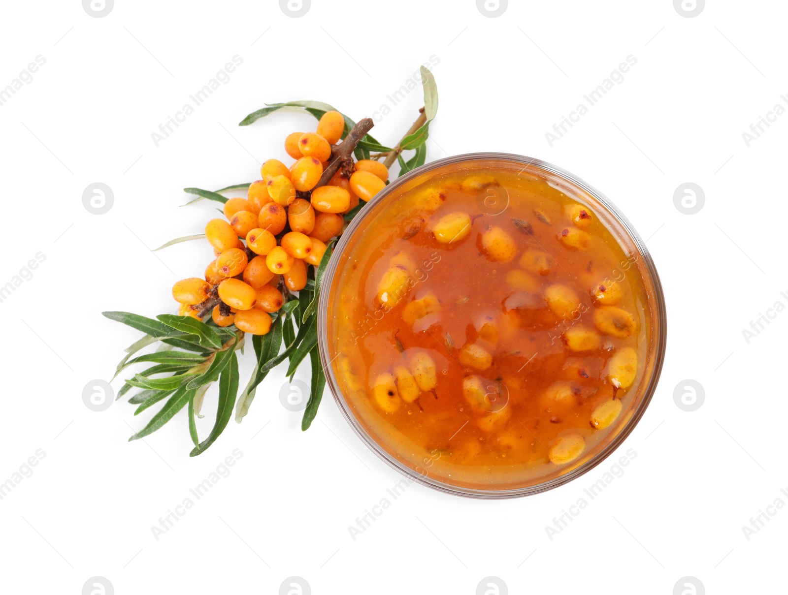 Photo of Delicious sea buckthorn jam in bowl and fresh berries on white background, top view