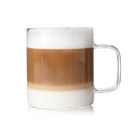 Photo of Hot coffee with milk in glass cup isolated on white