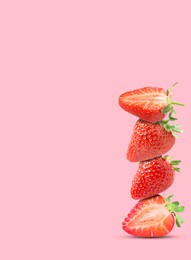 Image of Stack of fresh strawberries on pink background, space for text