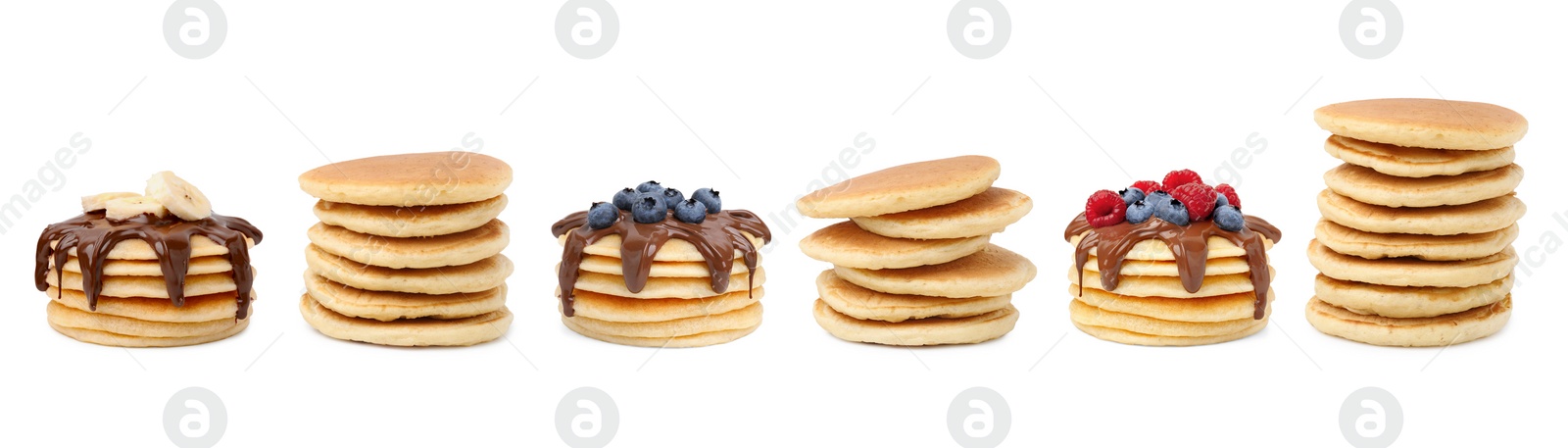 Image of Set of tasty pancakes isolated on white