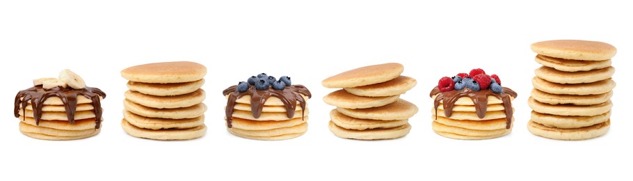 Image of Set of tasty pancakes isolated on white