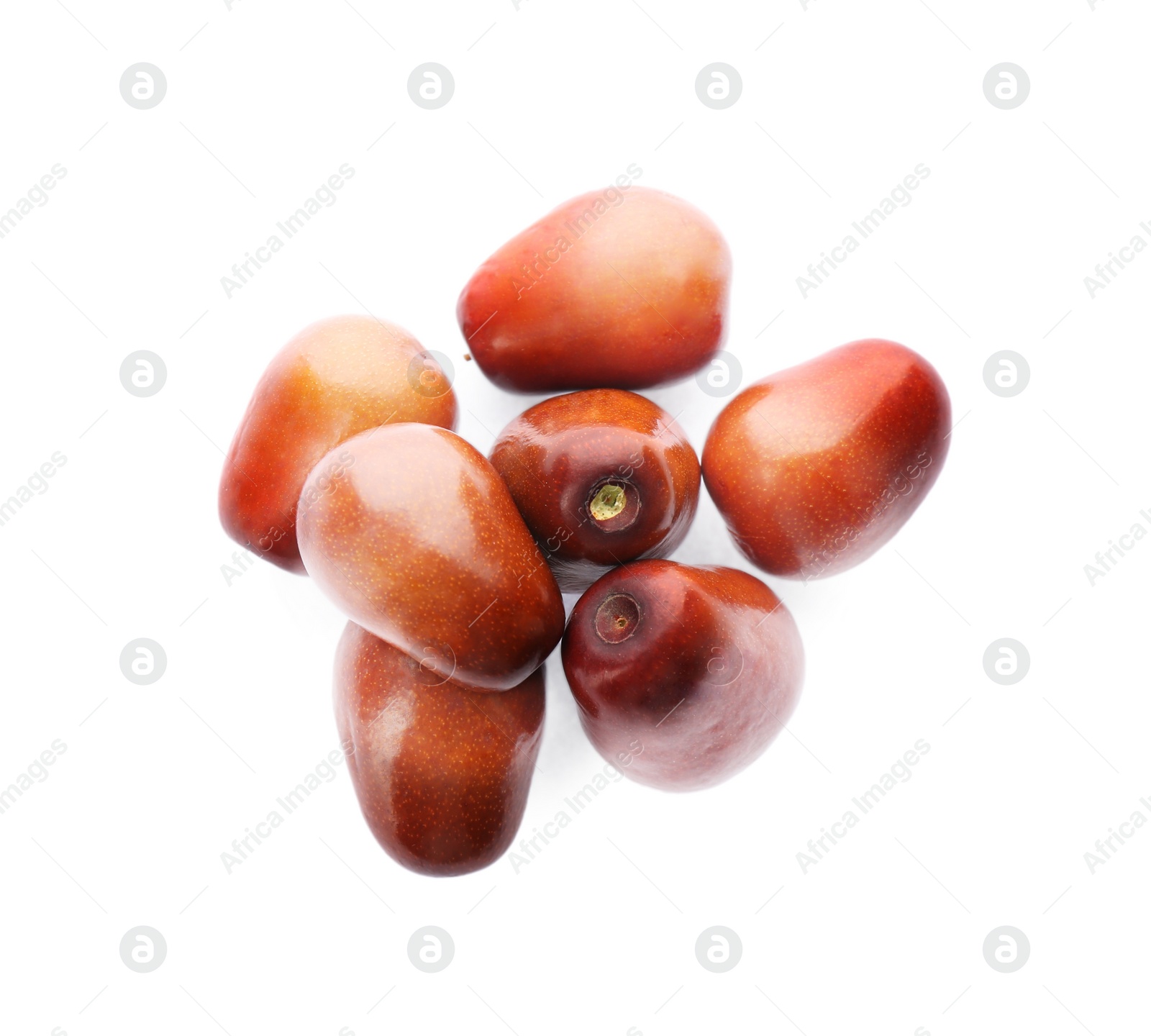 Photo of Fresh ripe oil palm fruits isolated on white, top view