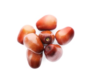 Photo of Fresh ripe oil palm fruits isolated on white, top view