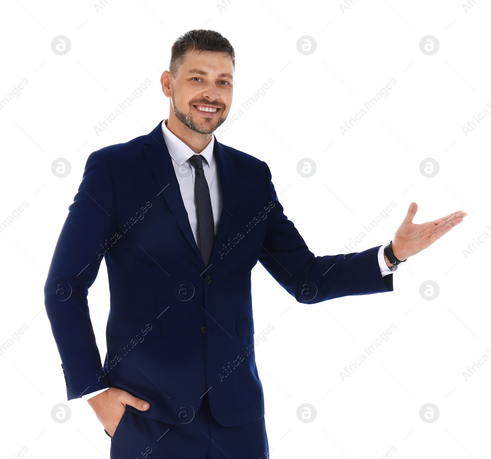 Photo of Professional business trainer showing at something on white background