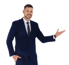 Professional business trainer showing at something on white background