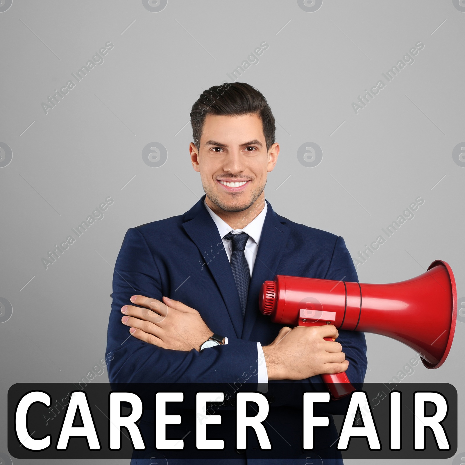 Image of Man with megaphone on grey background. Career fair