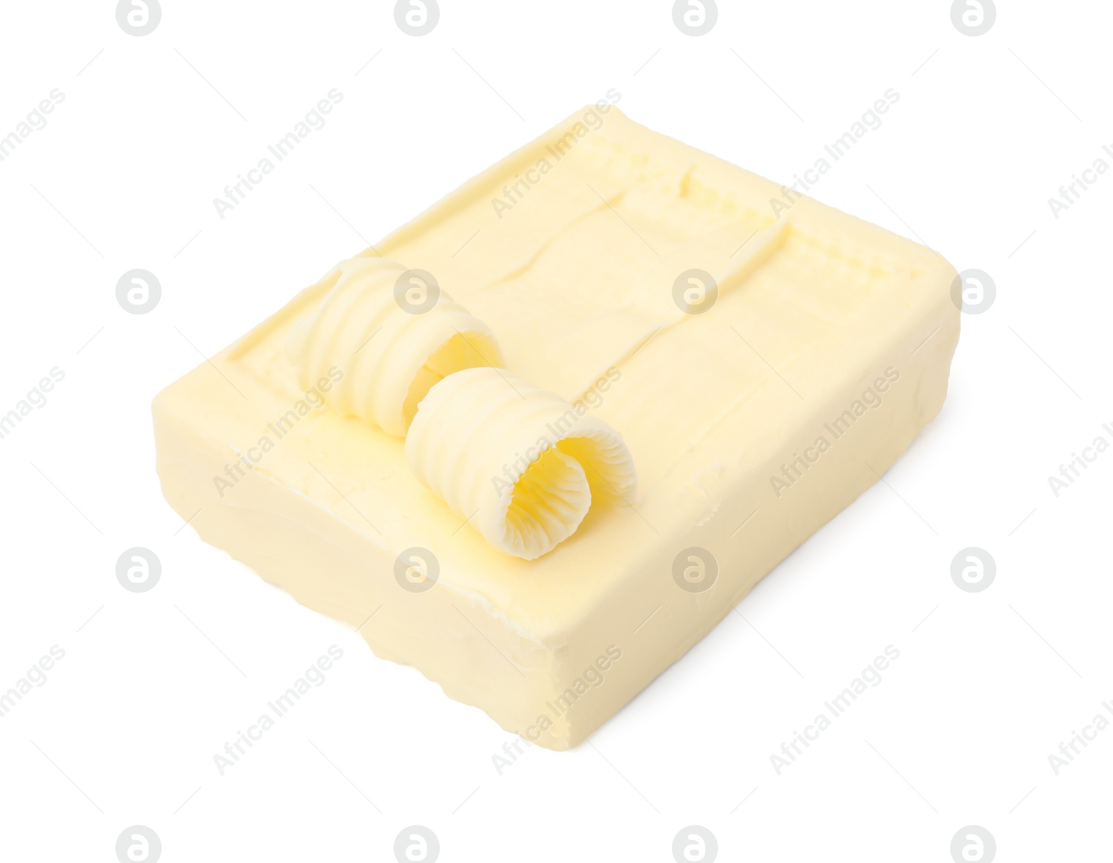 Photo of Tasty butter and curls isolated on white
