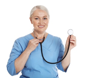 Portrait of female doctor in scrubs isolated on white. Medical staff