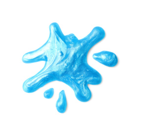 Photo of Splash of blue slime isolated on white, top view. Antistress toy