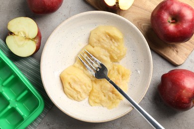 Photo of Apple puree in plate and fresh apple fruits on grey table, flat lay