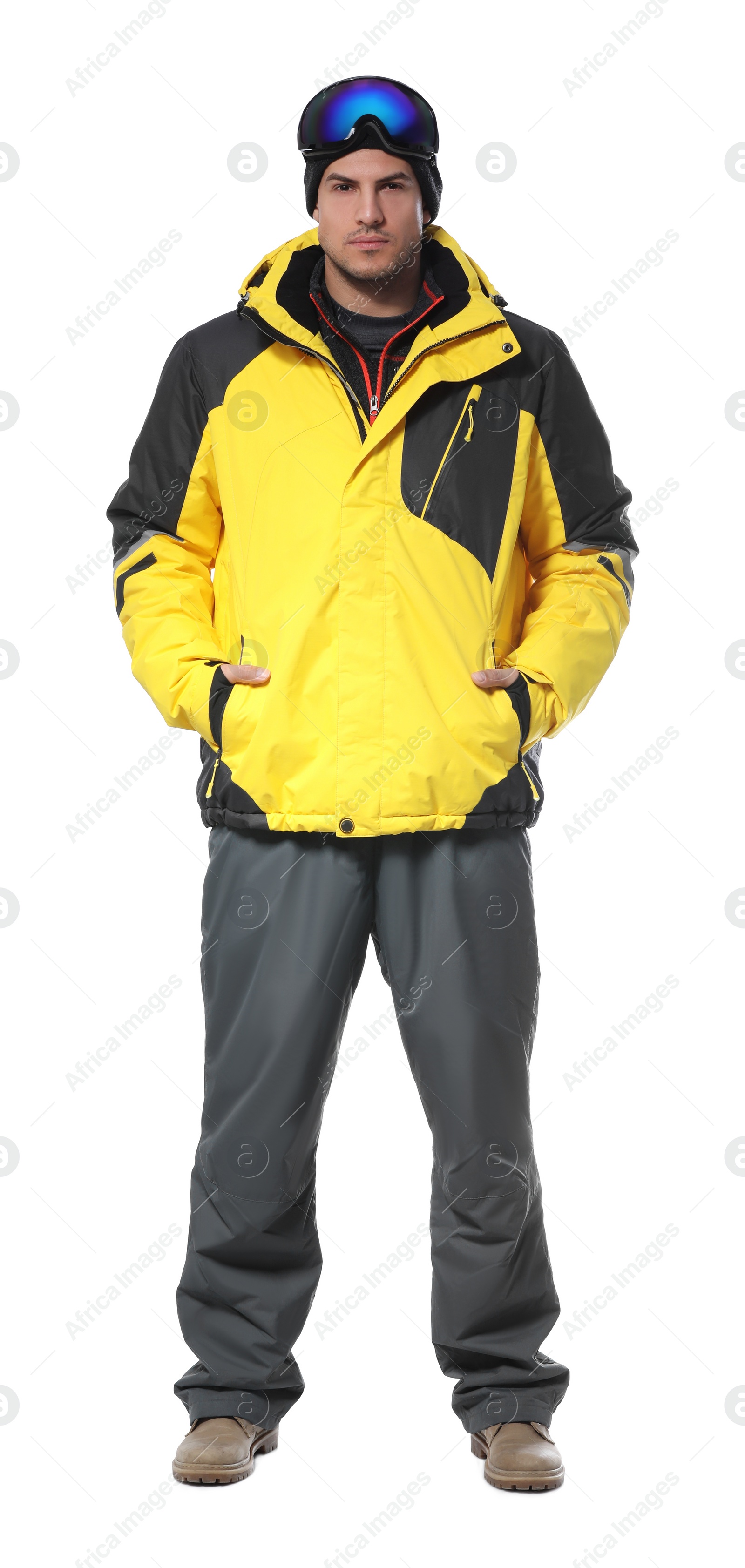 Photo of Man wearing stylish winter sport clothes on white background