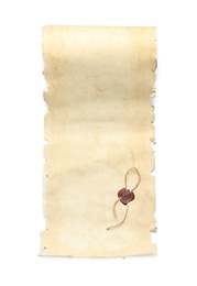 Photo of Sheet of old parchment paper with wax stamp isolated on white, top view. Space for design