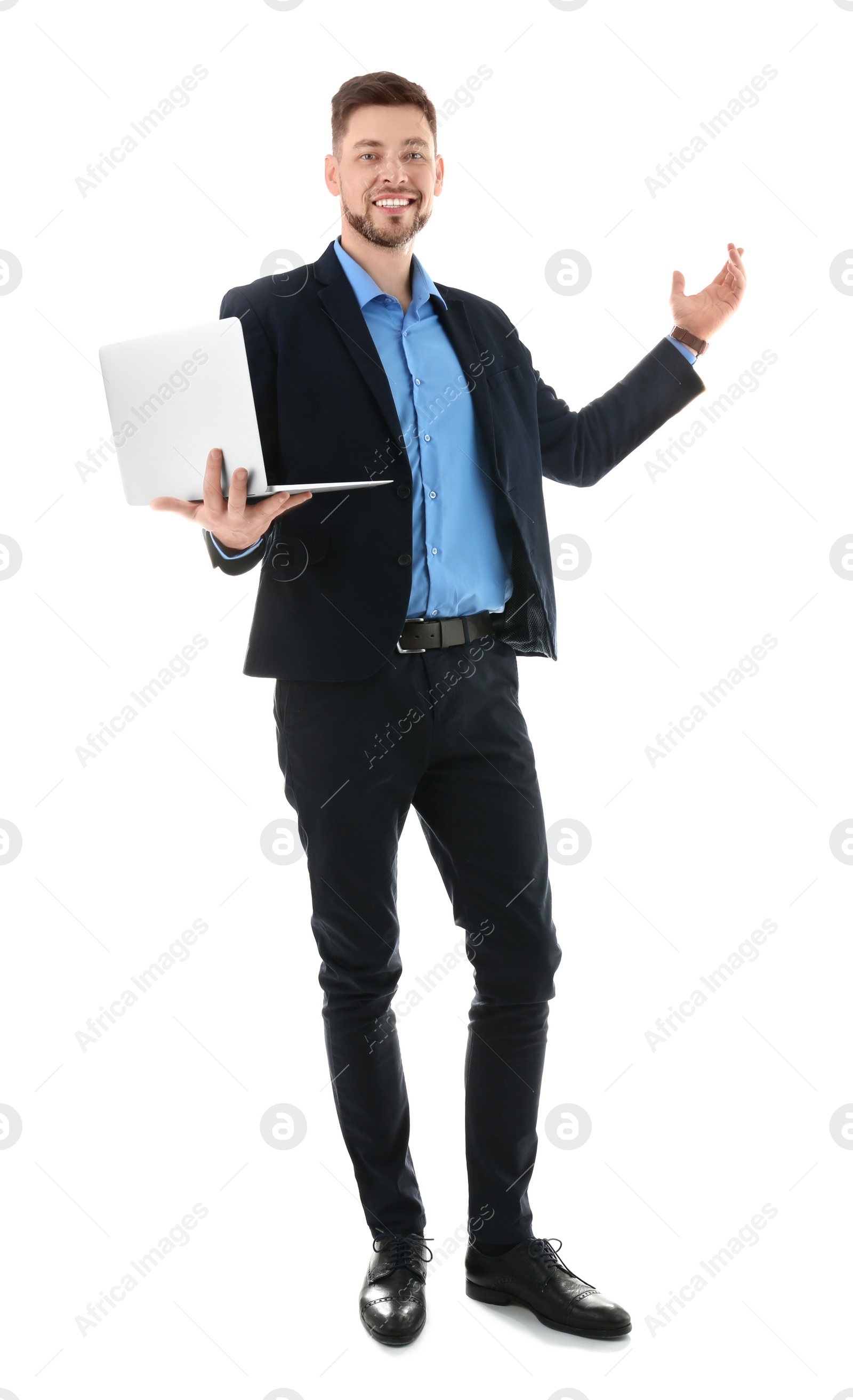 Photo of Male teacher with laptop on white background