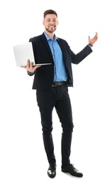 Male teacher with laptop on white background