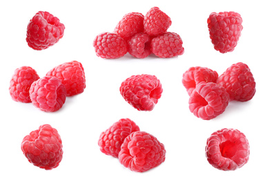 Set of fresh ripe raspberries on white background