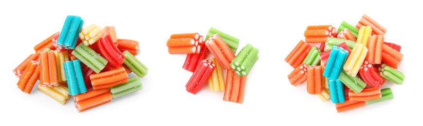 Set of tasty gummy candies on white background. Jelly sweet