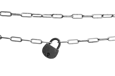 Photo of Steel padlock and chains isolated on white, top view. Safety concept