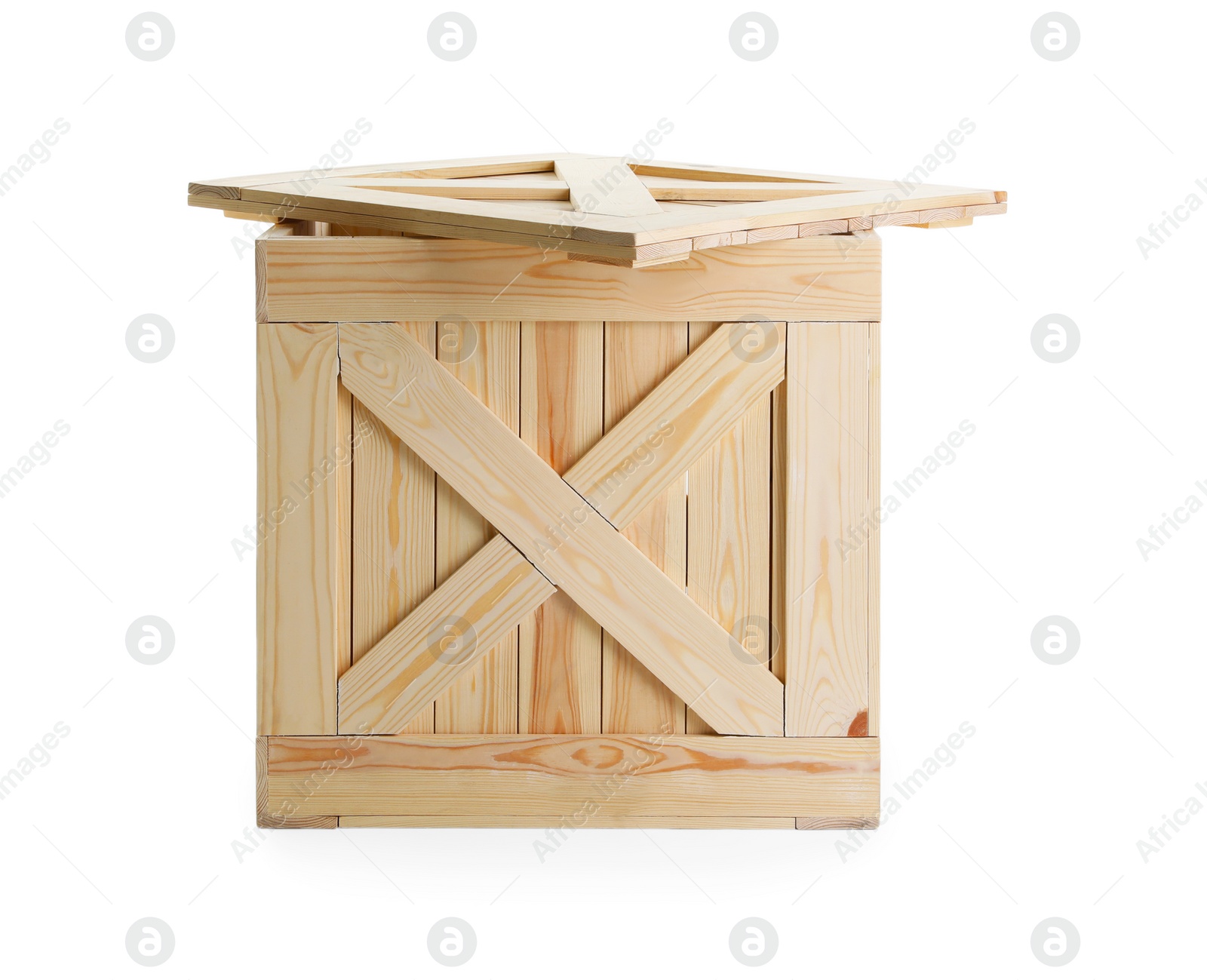 Photo of Open wooden crate with lid isolated on white