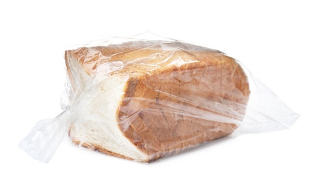 Sliced toast bread in plastic bag on white background