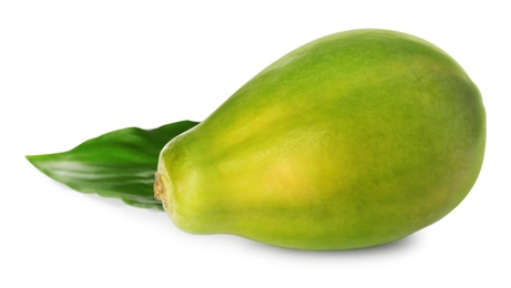 Photo of Fresh ripe papaya fruit with green leaf on white background