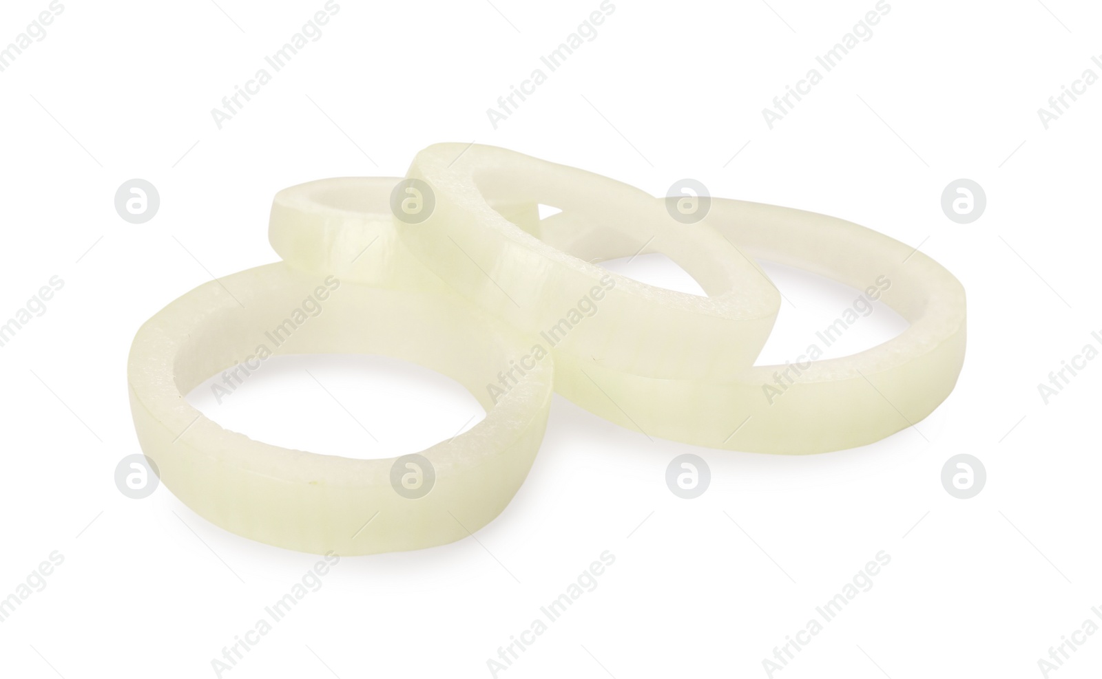 Photo of Many fresh onion rings on white background