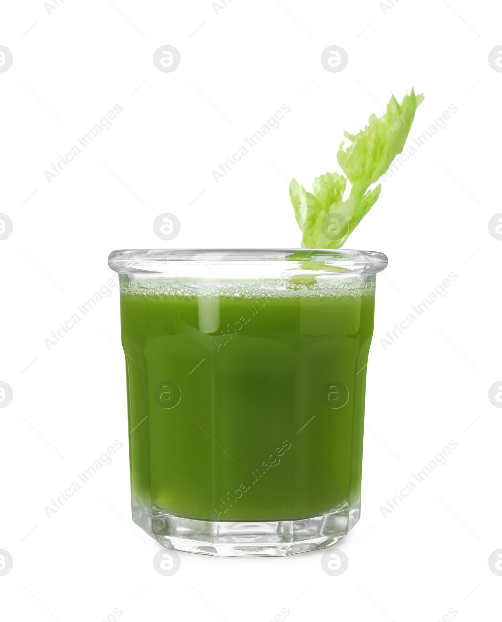 Photo of Glass of fresh celery juice on white background