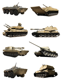 Image of Set of different military machinery on white background