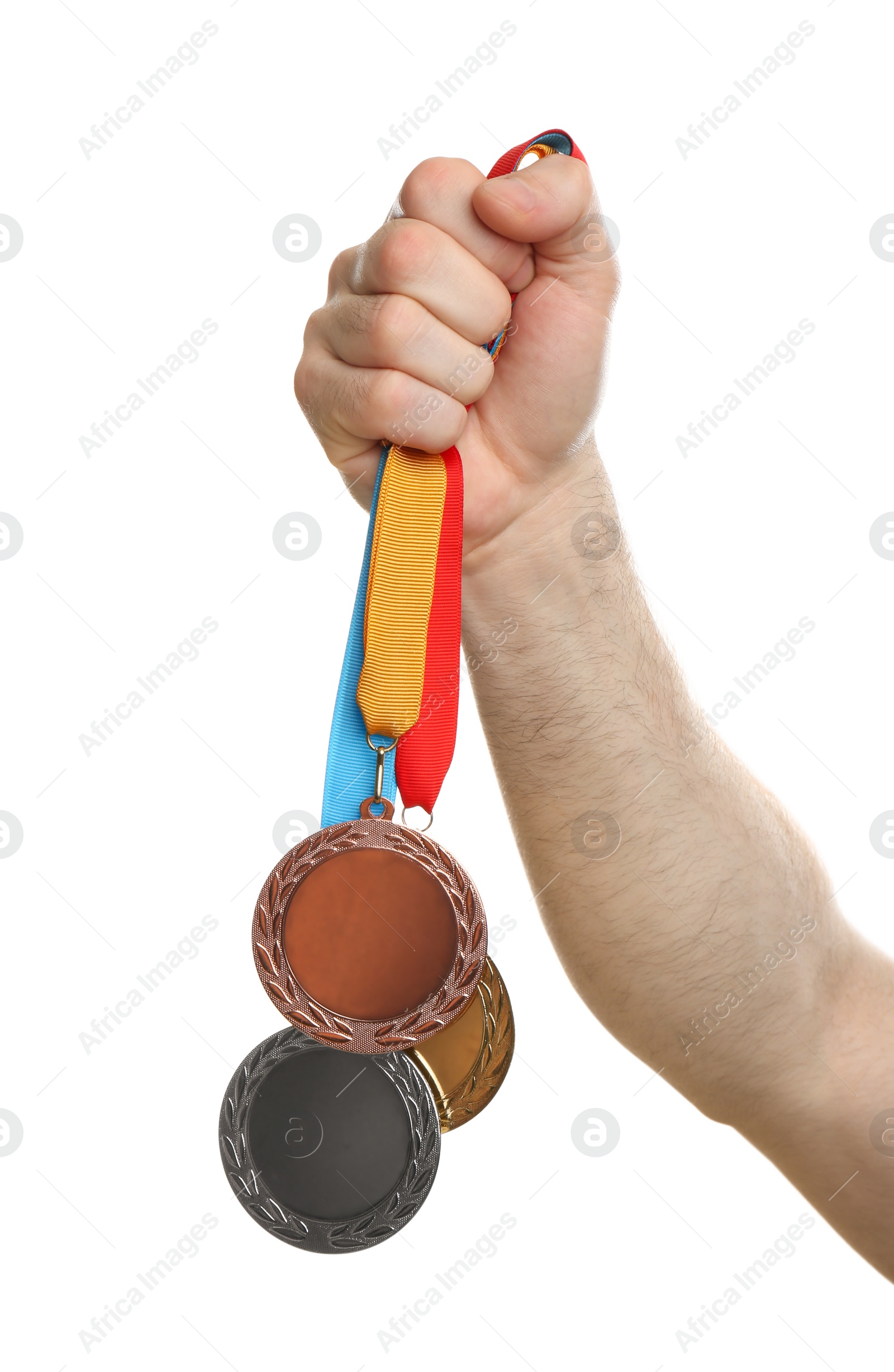 Photo of Man holding medals on white background, closeup. Space for design