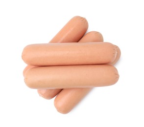 Photo of Delicious boiled sausages on white background, top view