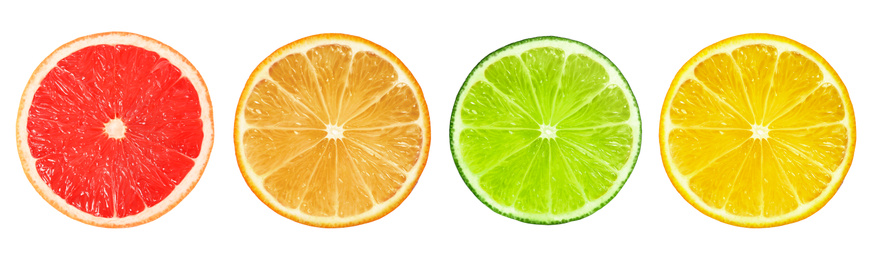 Image of Set of different citrus slices on white background, top view. Banner design