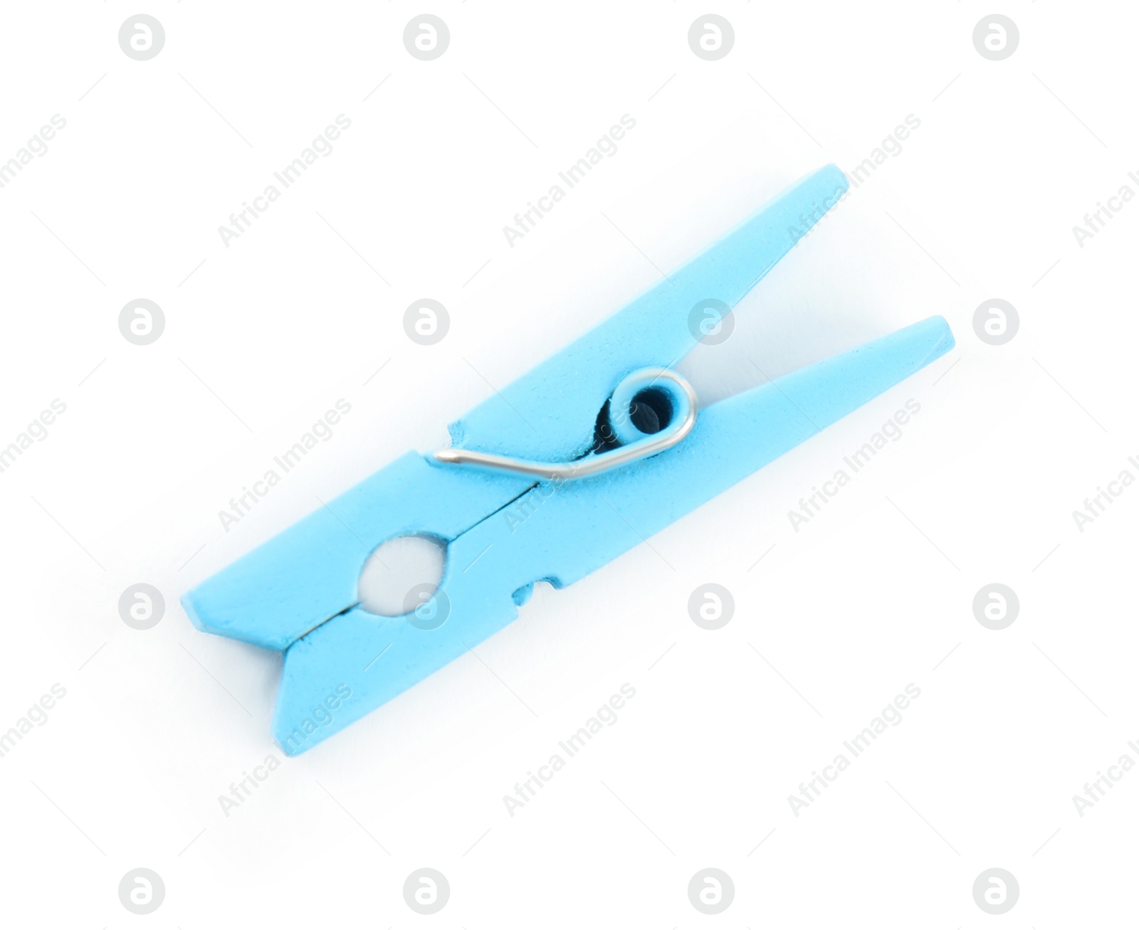 Photo of Bright light blue wooden clothespin isolated on white