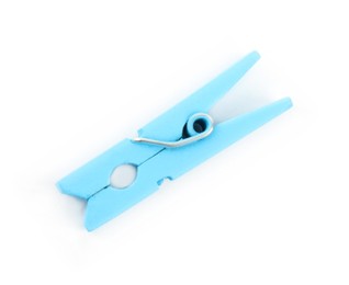 Bright light blue wooden clothespin isolated on white