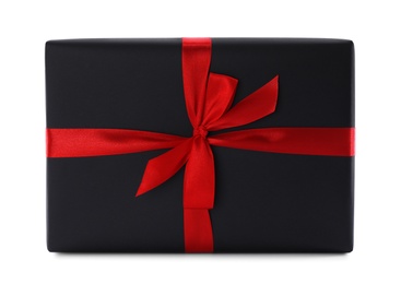 Photo of Black gift box with bow isolated on white