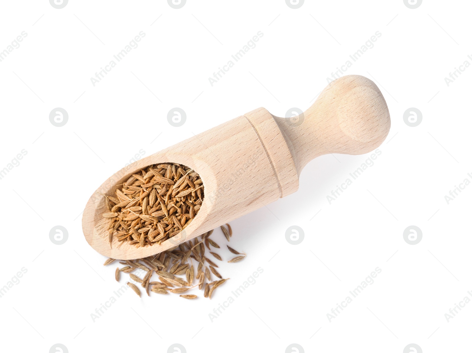 Photo of Scoop of aromatic caraway (Persian cumin) seeds isolated on white, top view