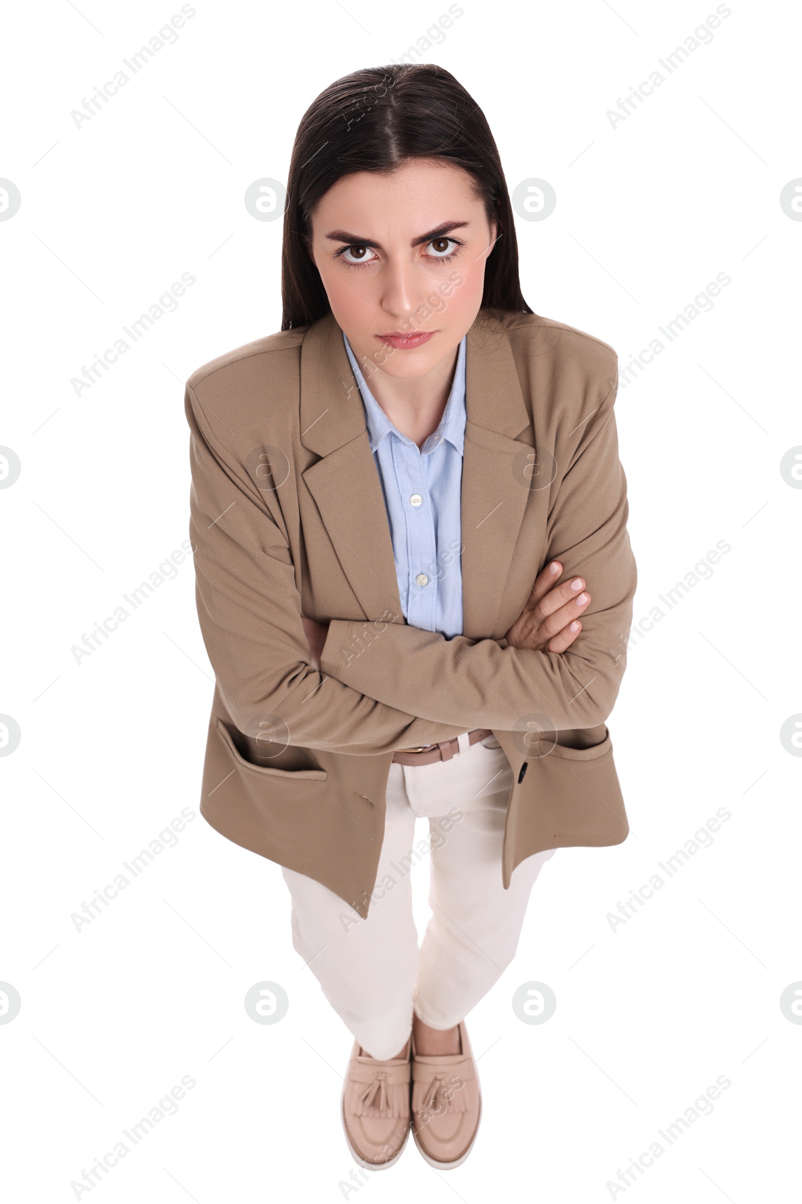 Photo of Beautiful businesswoman crossing arms on white background, above view