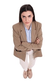 Beautiful businesswoman crossing arms on white background, above view