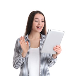 Photo of Woman using tablet for video chat isolated on white